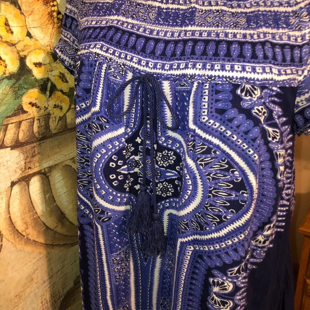 Sz M Band of Gypsies Coverup Smock Dress Off the Shoulder Blue Multiprint 861490
